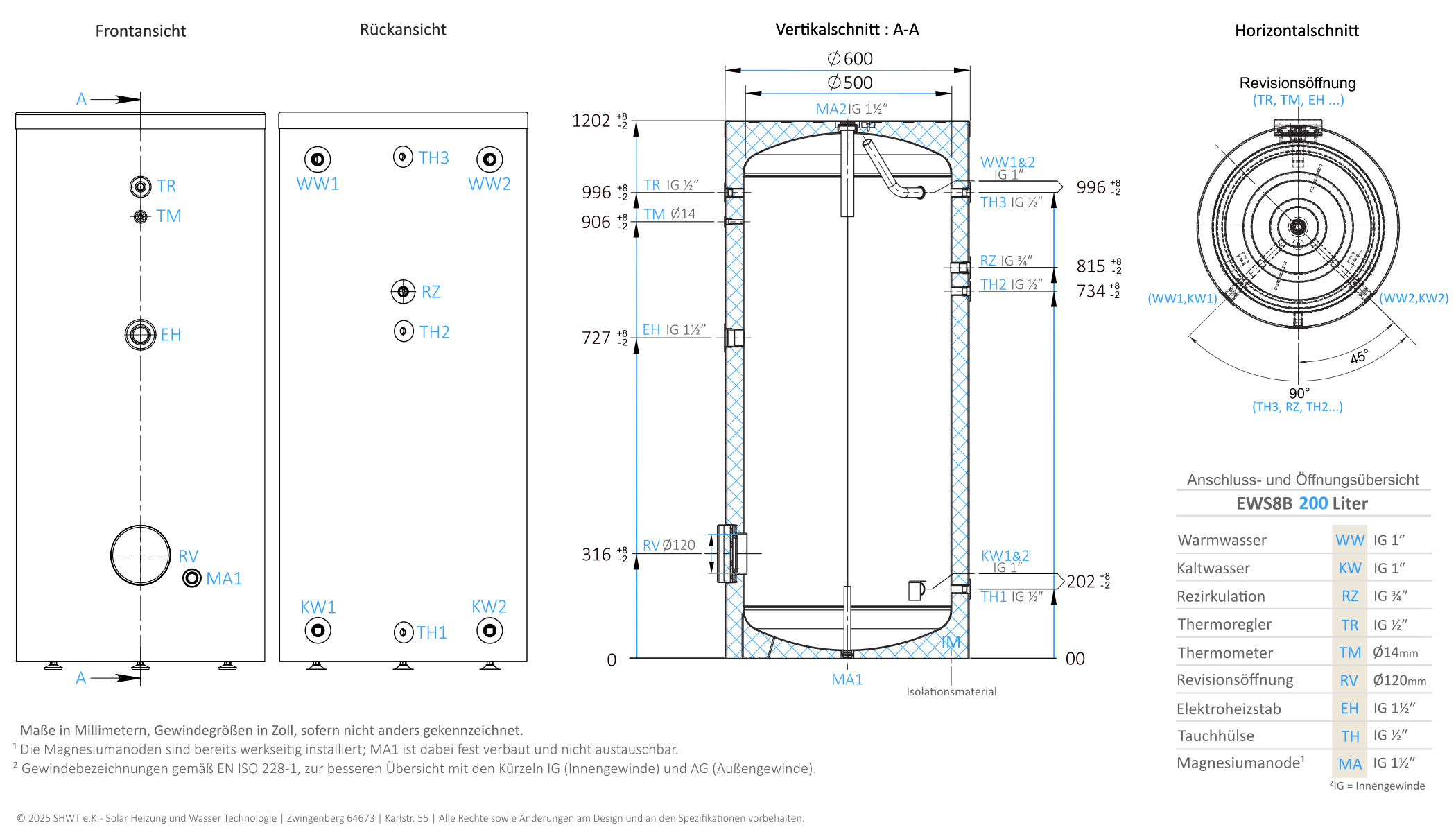 Technische Zeichnung SHWT EWS8B 200L